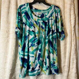 JM Collection Blouse Womens 3X Plus Top Floral White Blue Green Embroidered